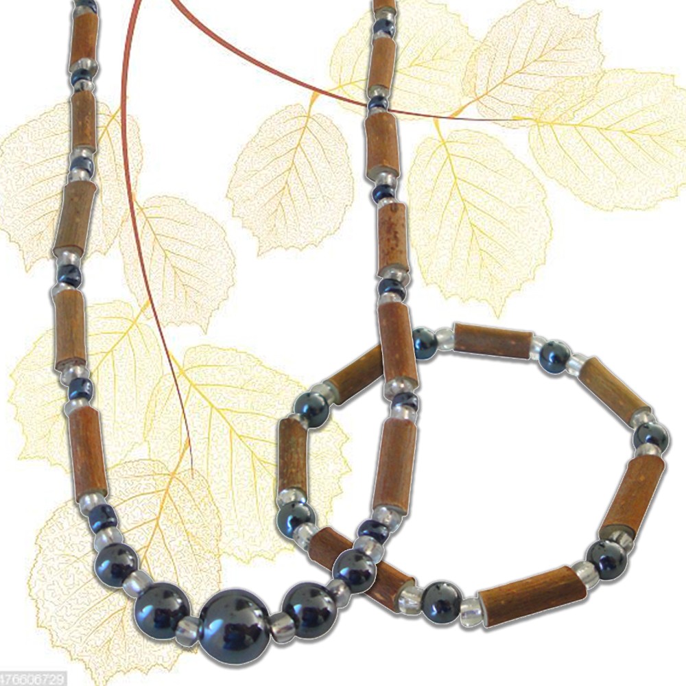 Parure (Bracelet et Collier) en bois de noisetier et en Hématite | Créateur Noisetier