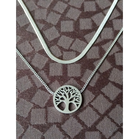 Collier arbre de Vie-double chaines plate silver