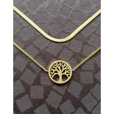 Collier arbre de Vie-double chaines plate doré