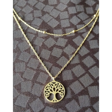 Collier arbre de Vie-double chaines sphère doré