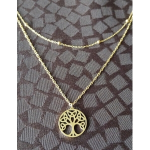 Collier arbre de Vie-double chaines sphère doré