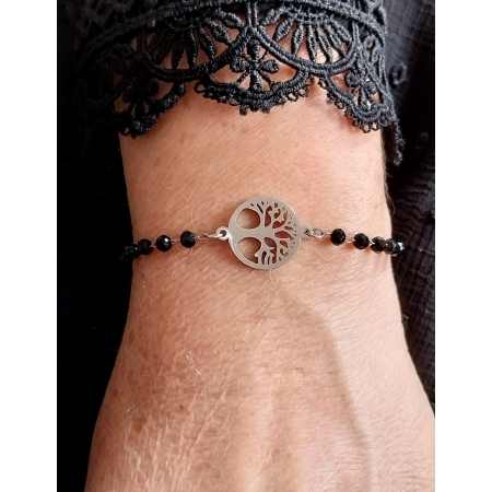 Bracelet Arbre de Vie silver & perles de verres noire