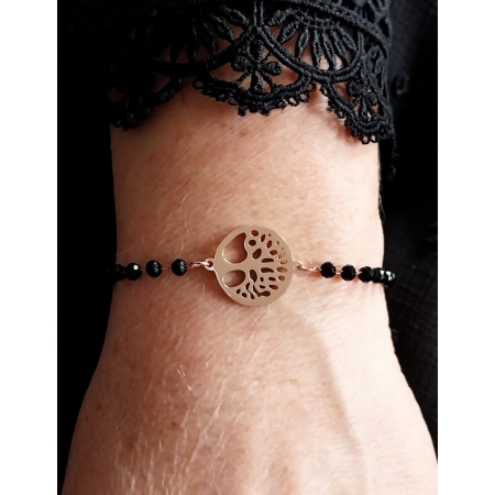 Bracelet Arbre de Vie rosé & perles de verres noire