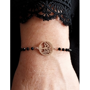 Bracelet Arbre de Vie rosé & perles de verres noire