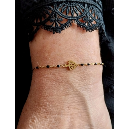 Bracelet Arbre de Vie doré & perles noire